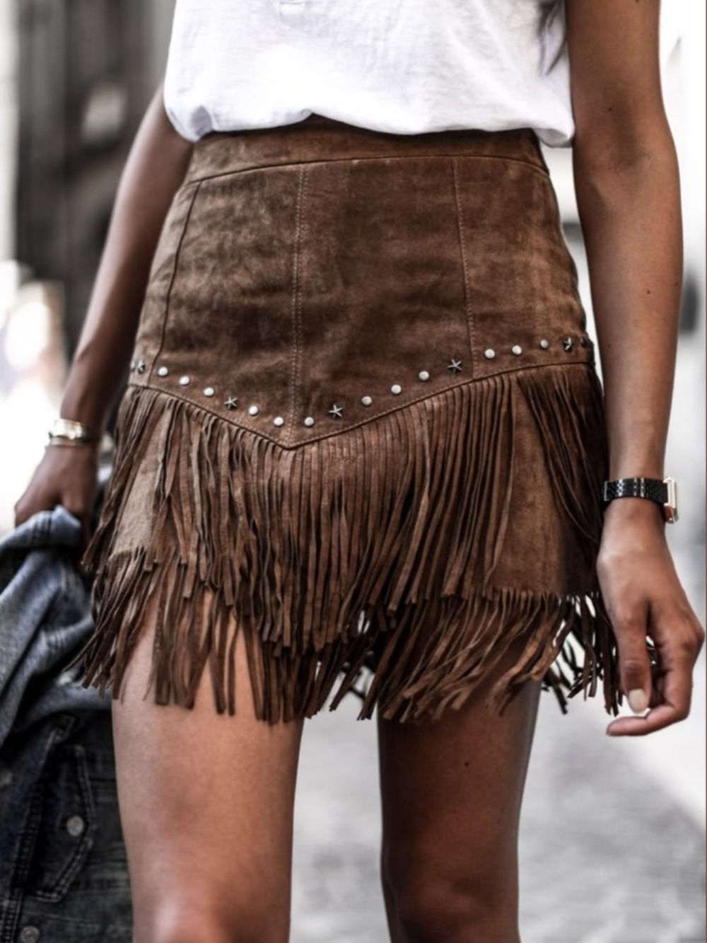 Zara Brown Suede LeatherFringe Mini Skirt With Stud Detailing